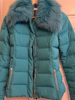 Versace Teal Quilted Puffer Jacket with Fur Collar